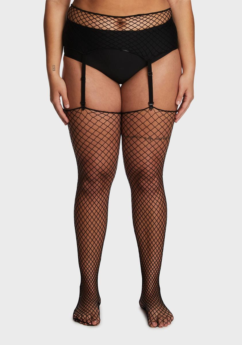Plus Size Fishnet Garter Belt Stockings - Black