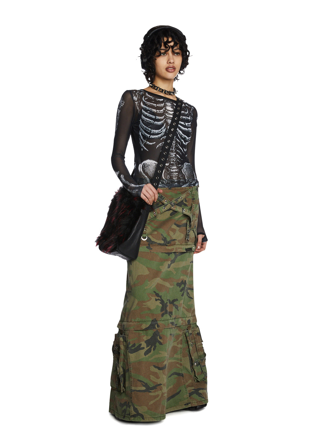 Trickz N Treatz Skeleton Print Mesh Top - Black - Image 5
