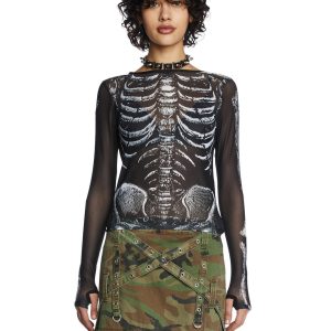 Trickz N Treatz Skeleton Print Mesh Top - Black