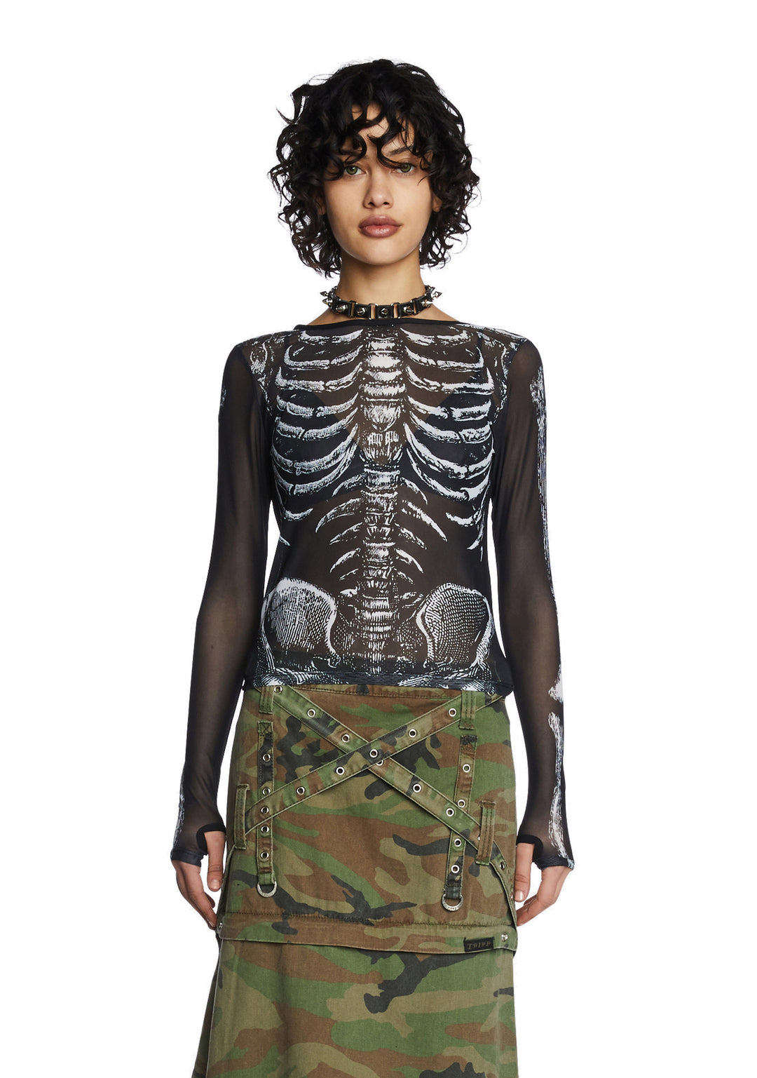 Trickz N Treatz Skeleton Print Mesh Top - Black