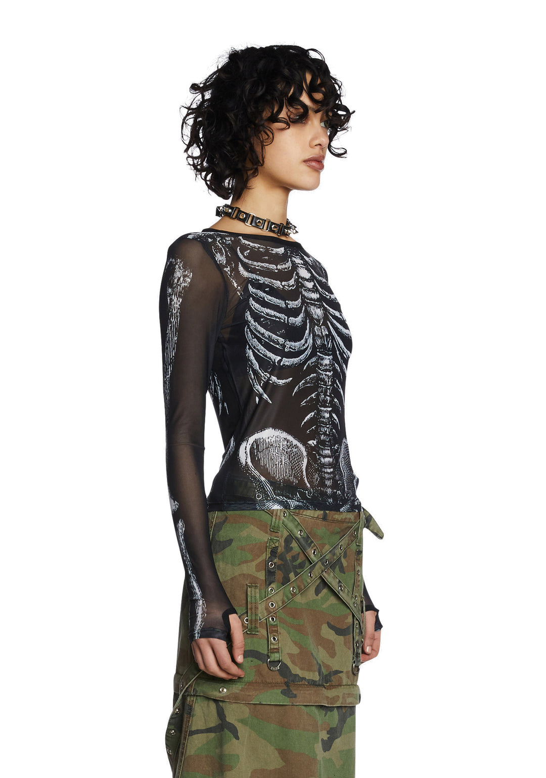 Trickz N Treatz Skeleton Print Mesh Top - Black - Image 3