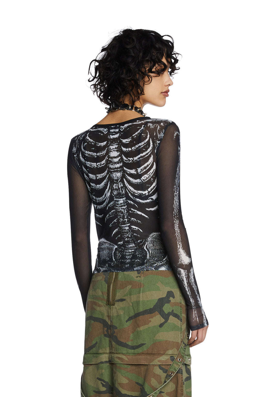 Trickz N Treatz Skeleton Print Mesh Top - Black - Image 4