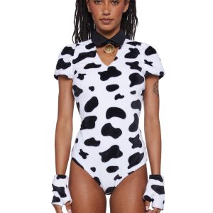 Cow Sexy Womens Halloween Costume Bodysuit Set - Black