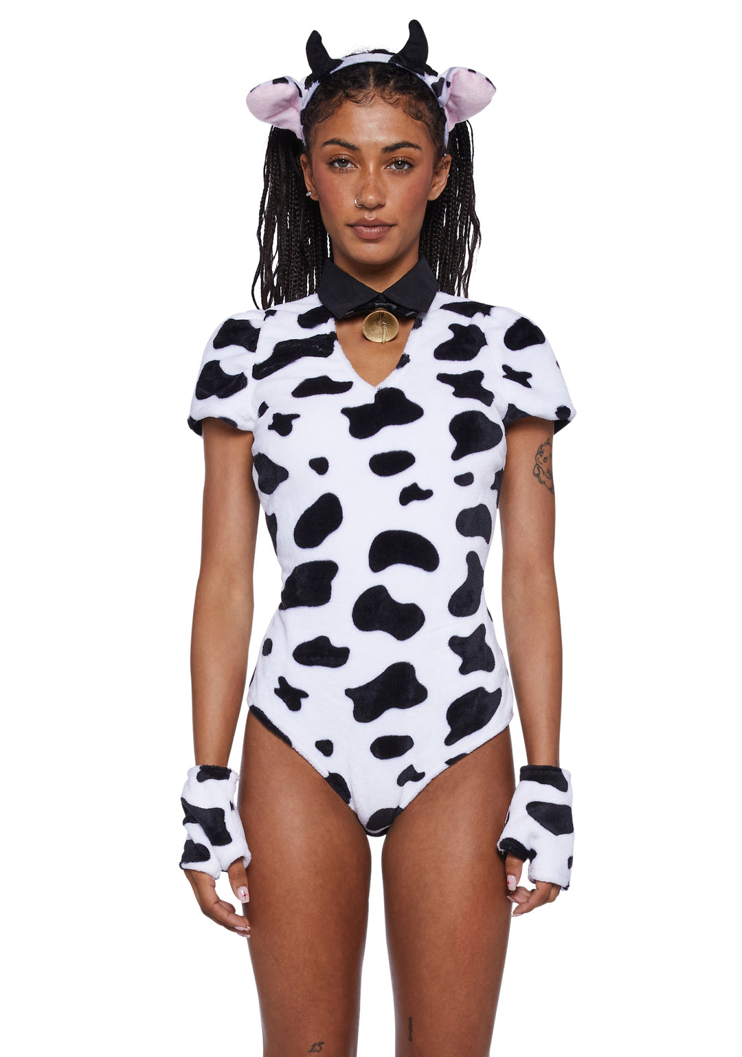Cow Sexy Womens Halloween Costume Bodysuit Set - Black