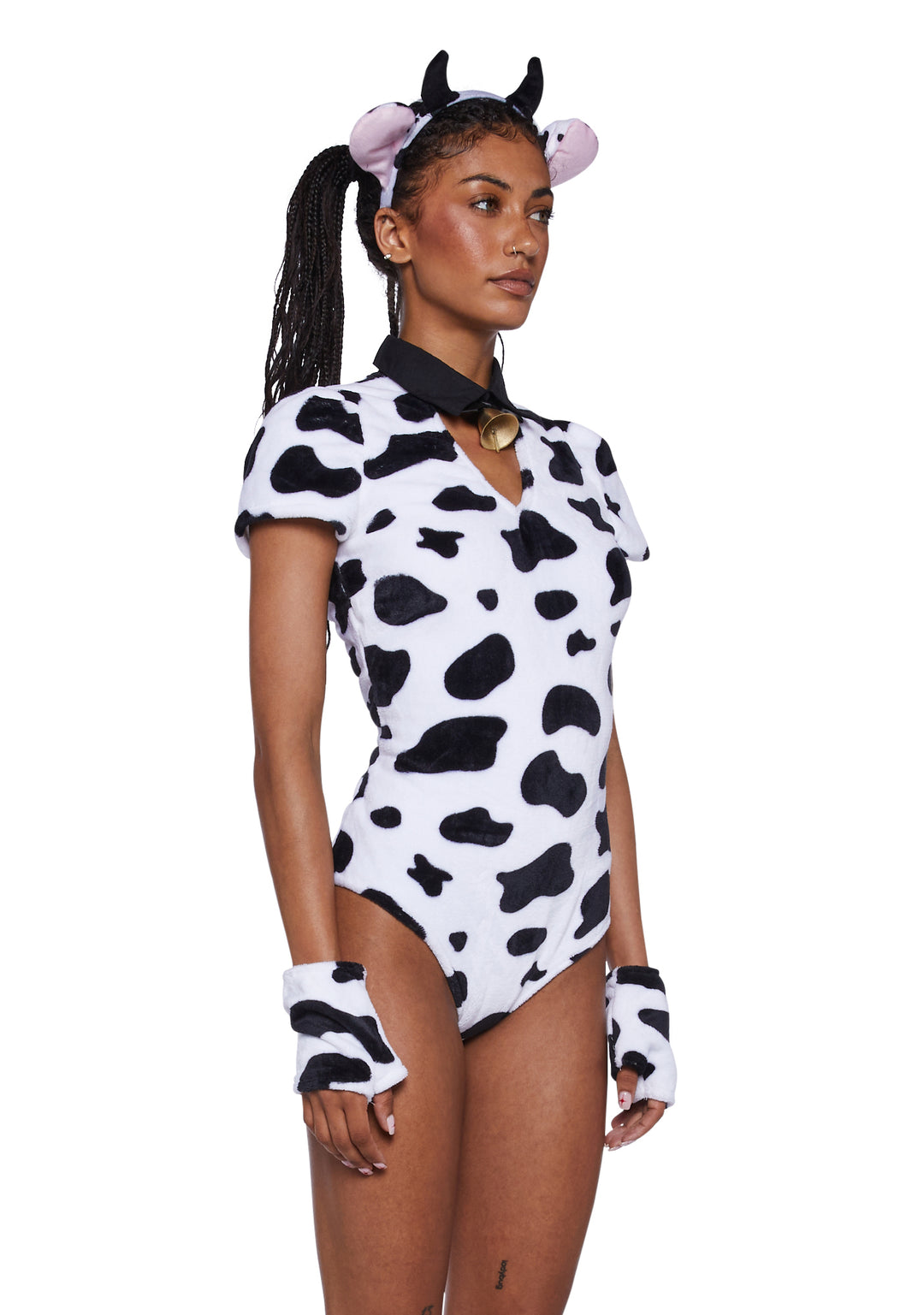 Cow Sexy Womens Halloween Costume Bodysuit Set - Black - Image 3