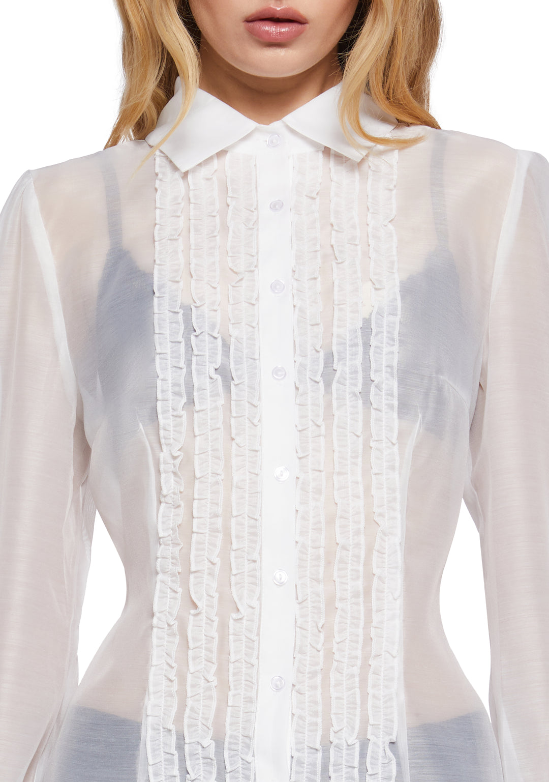 Sugar Thrillz Ruffle Trim Sheer Button Up Shirt - White - Image 5