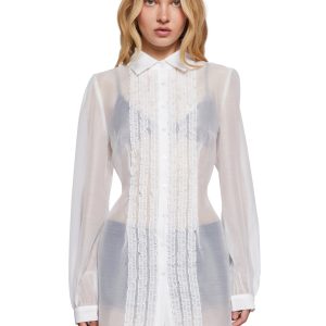 Sugar Thrillz Ruffle Trim Sheer Button Up Shirt - White