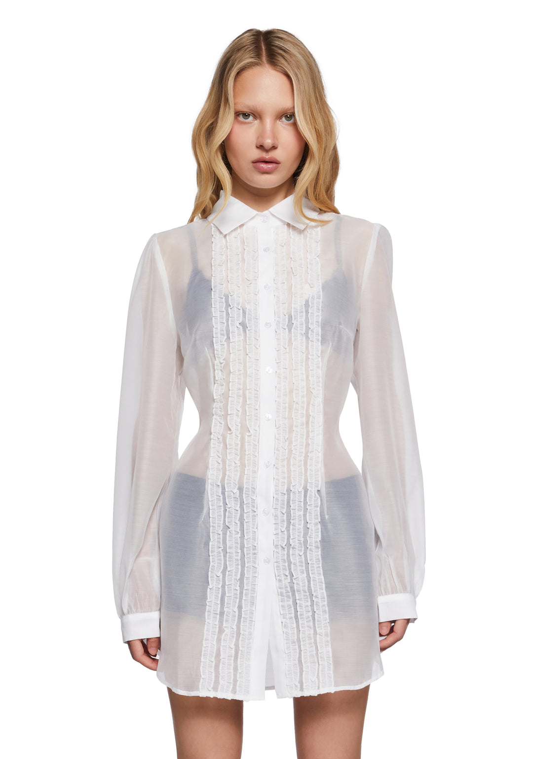 Sugar Thrillz Ruffle Trim Sheer Button Up Shirt - White