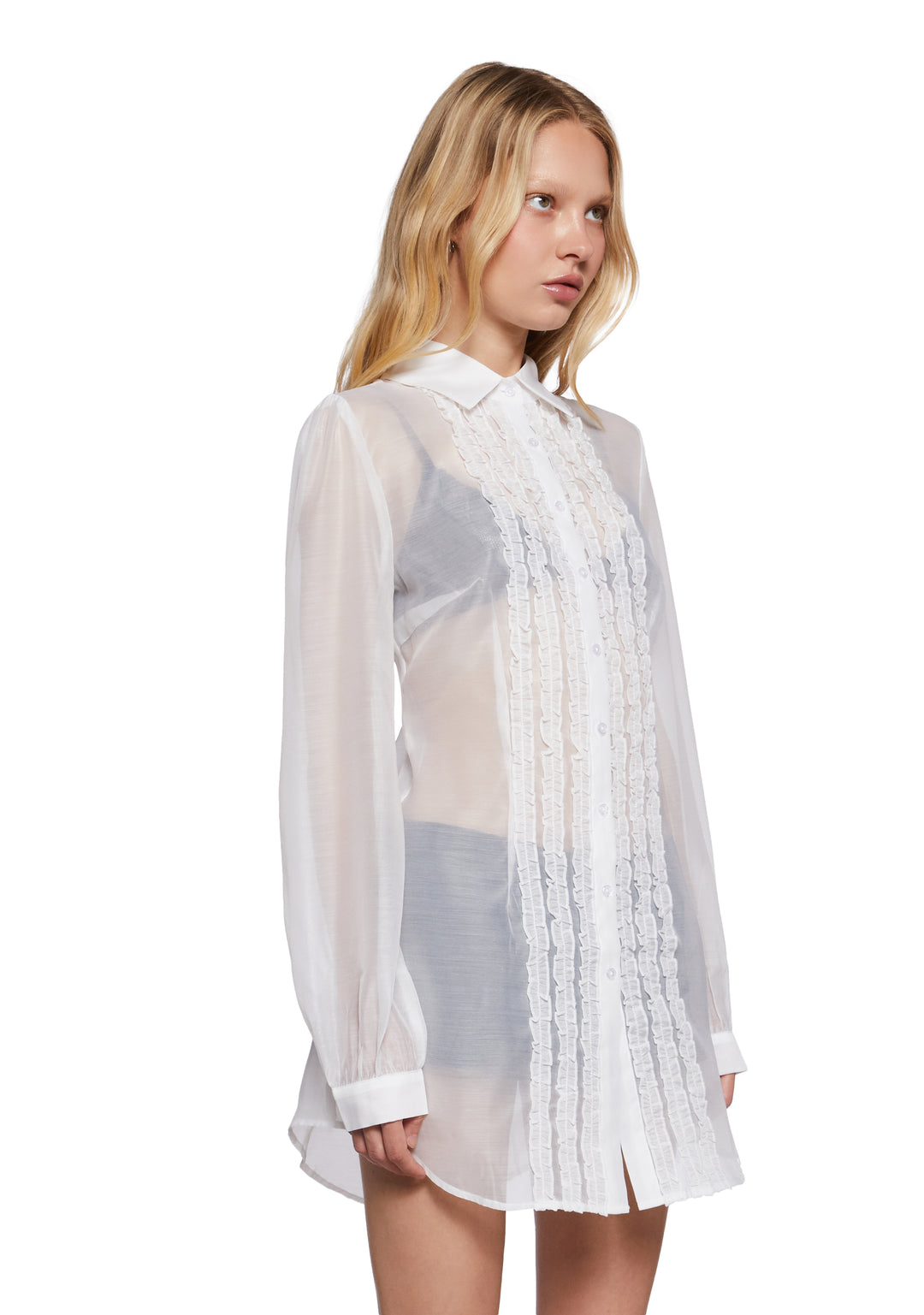 Sugar Thrillz Ruffle Trim Sheer Button Up Shirt - White - Image 3