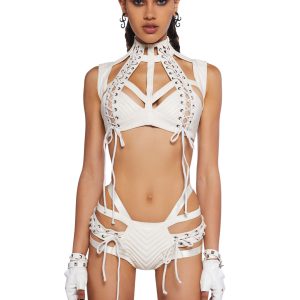 Club Exx Burning Man Festival Cut-Out Lace-Up Harness Bra Top- White
