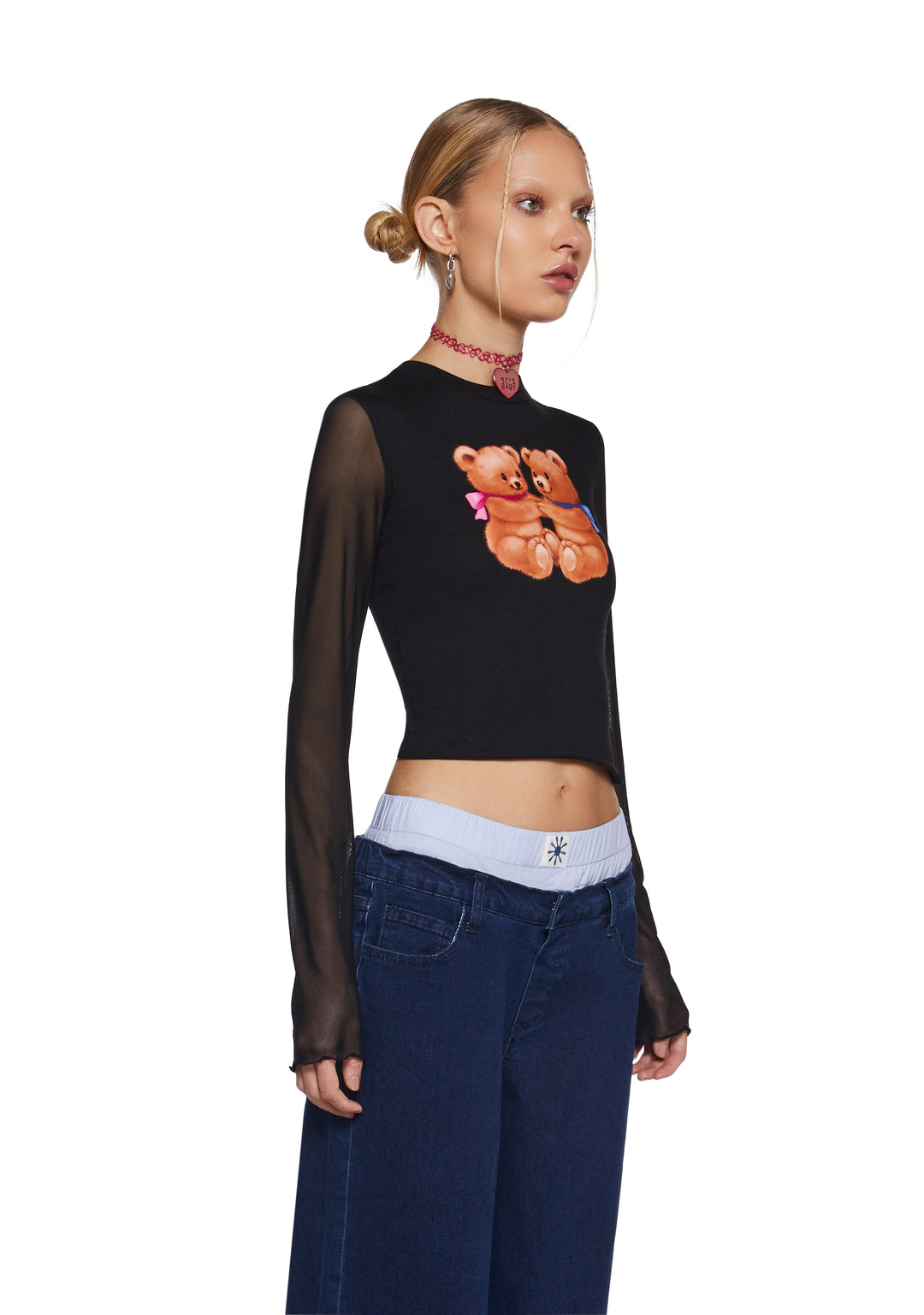 Delia's Mesh Teddy Bear Graphic Long Sleeve Black - Image 3