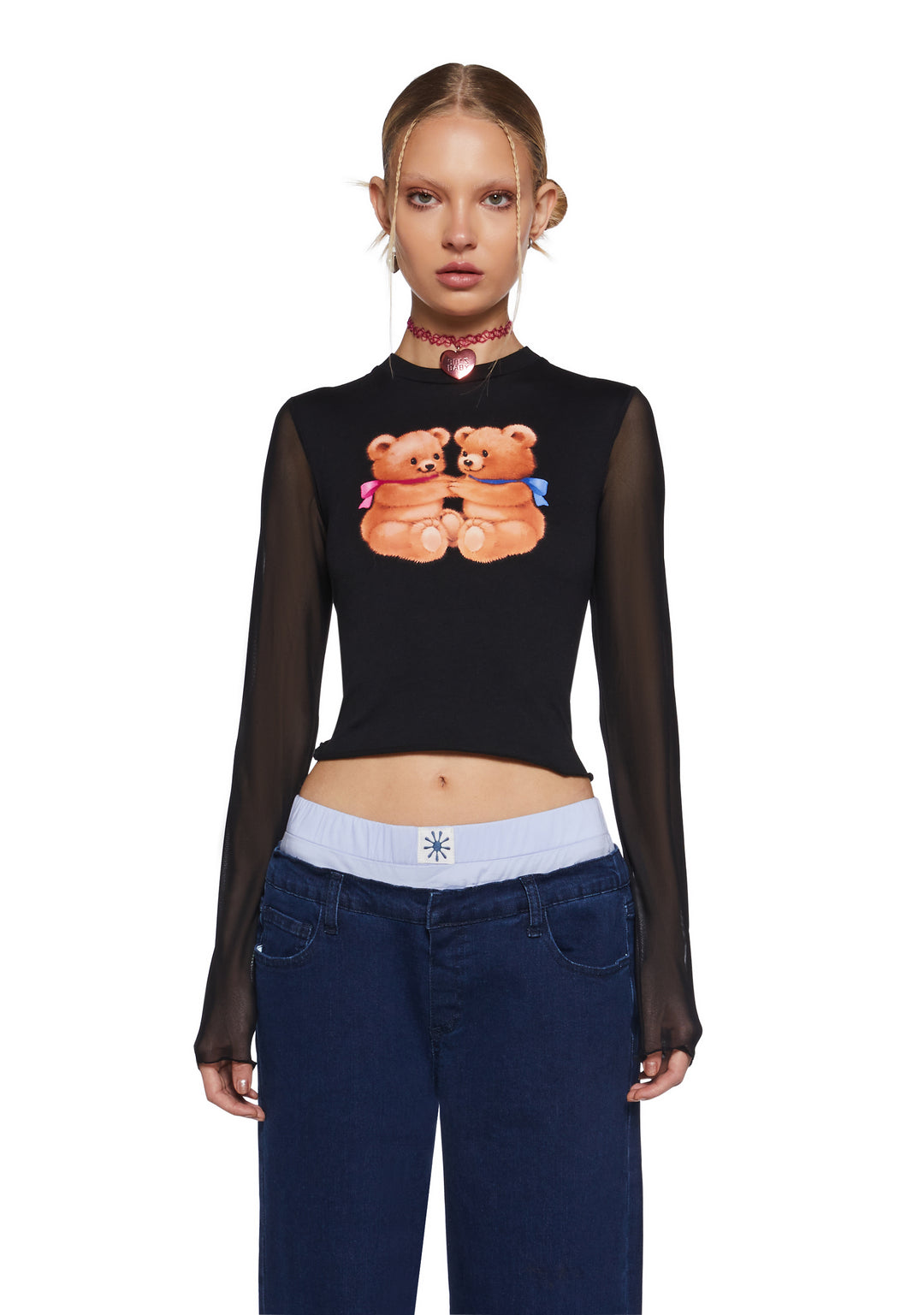 Delia's Mesh Teddy Bear Graphic Long Sleeve Black