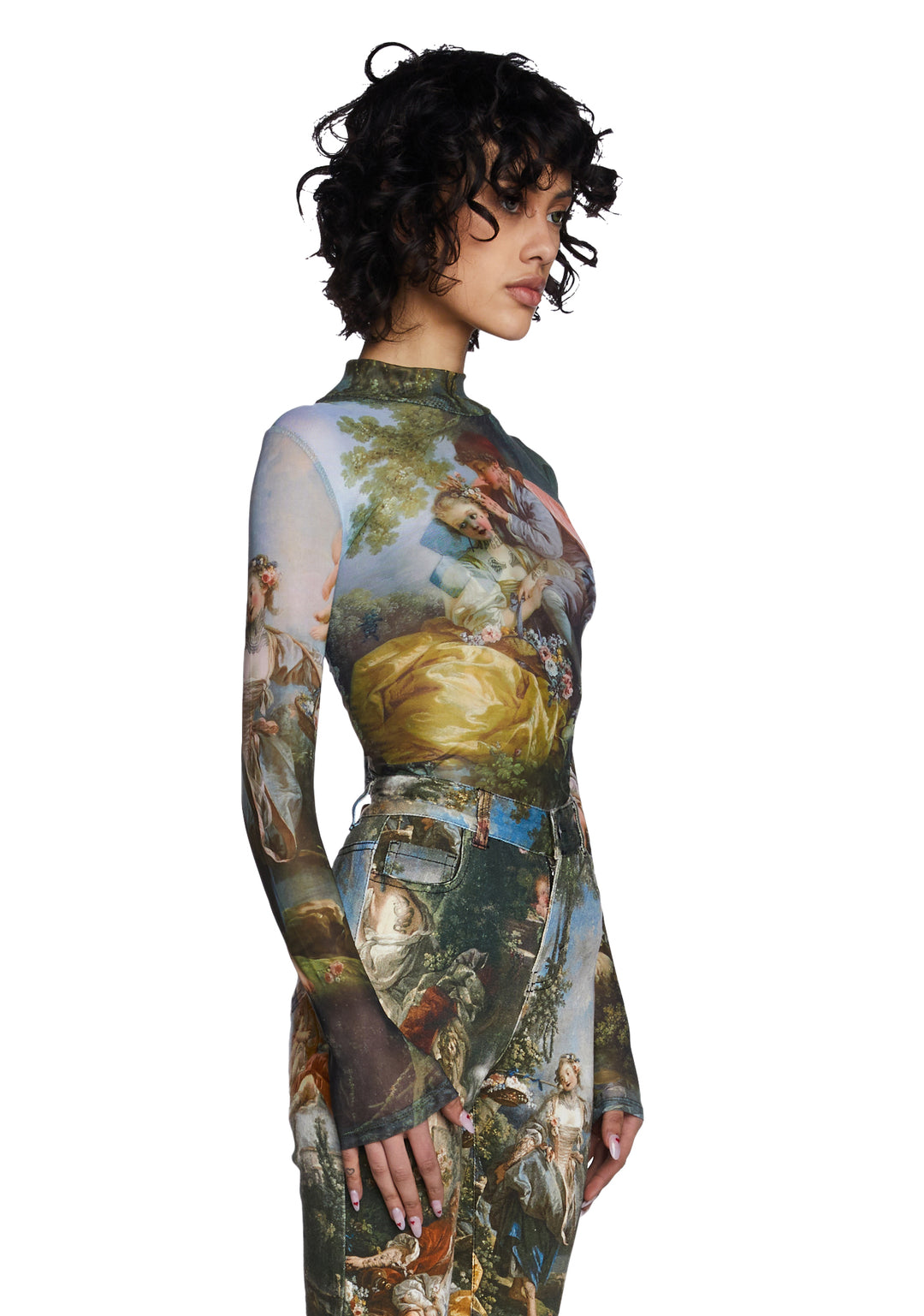 Current Mood Painting Print Mesh Long Sleeve Top - Image 3