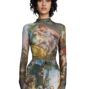 Current Mood Painting Print Mesh Long Sleeve Top