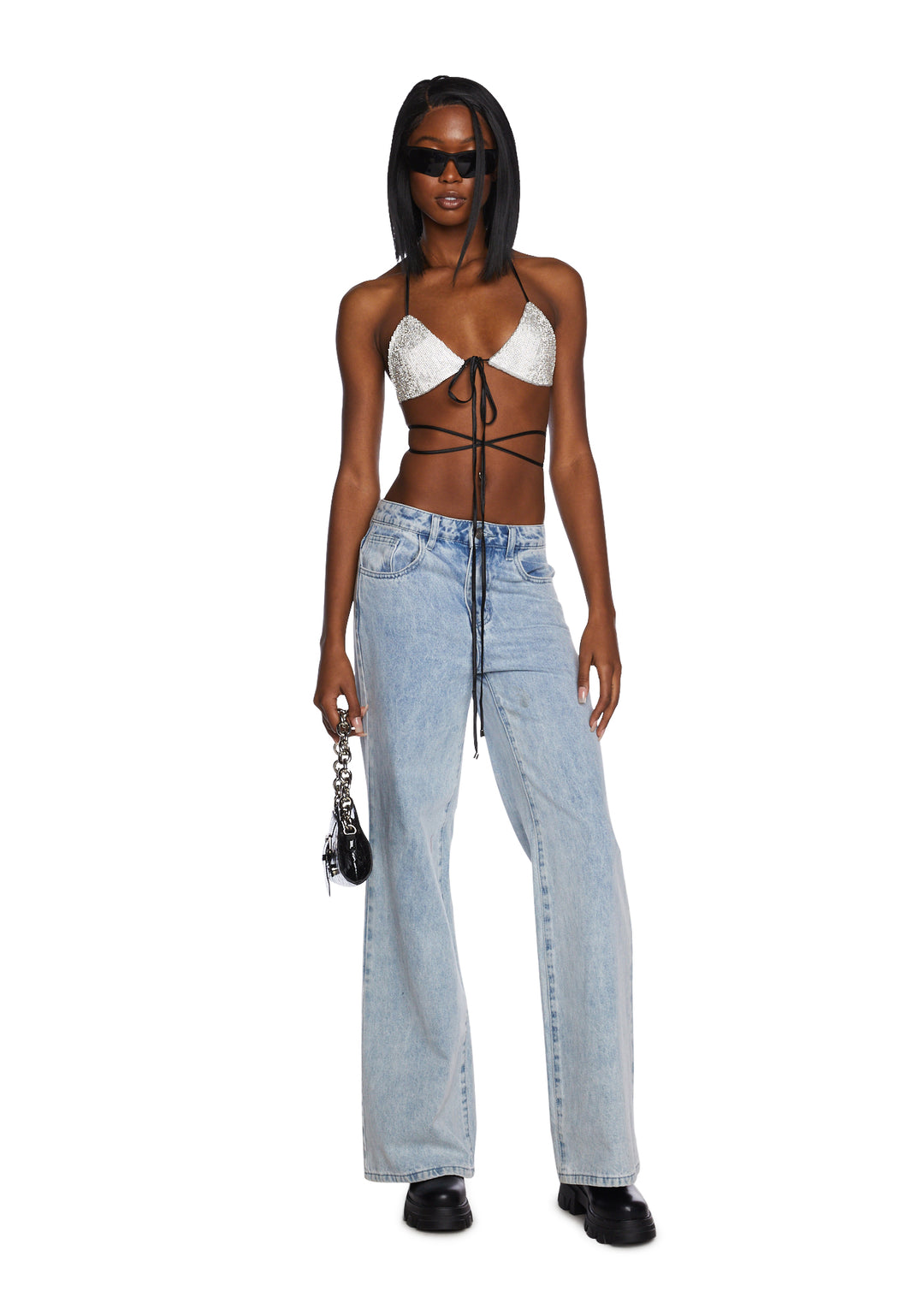 Poster Grl Rhinestone Wrap Bra Bikini Strappy Silver Black - Image 2