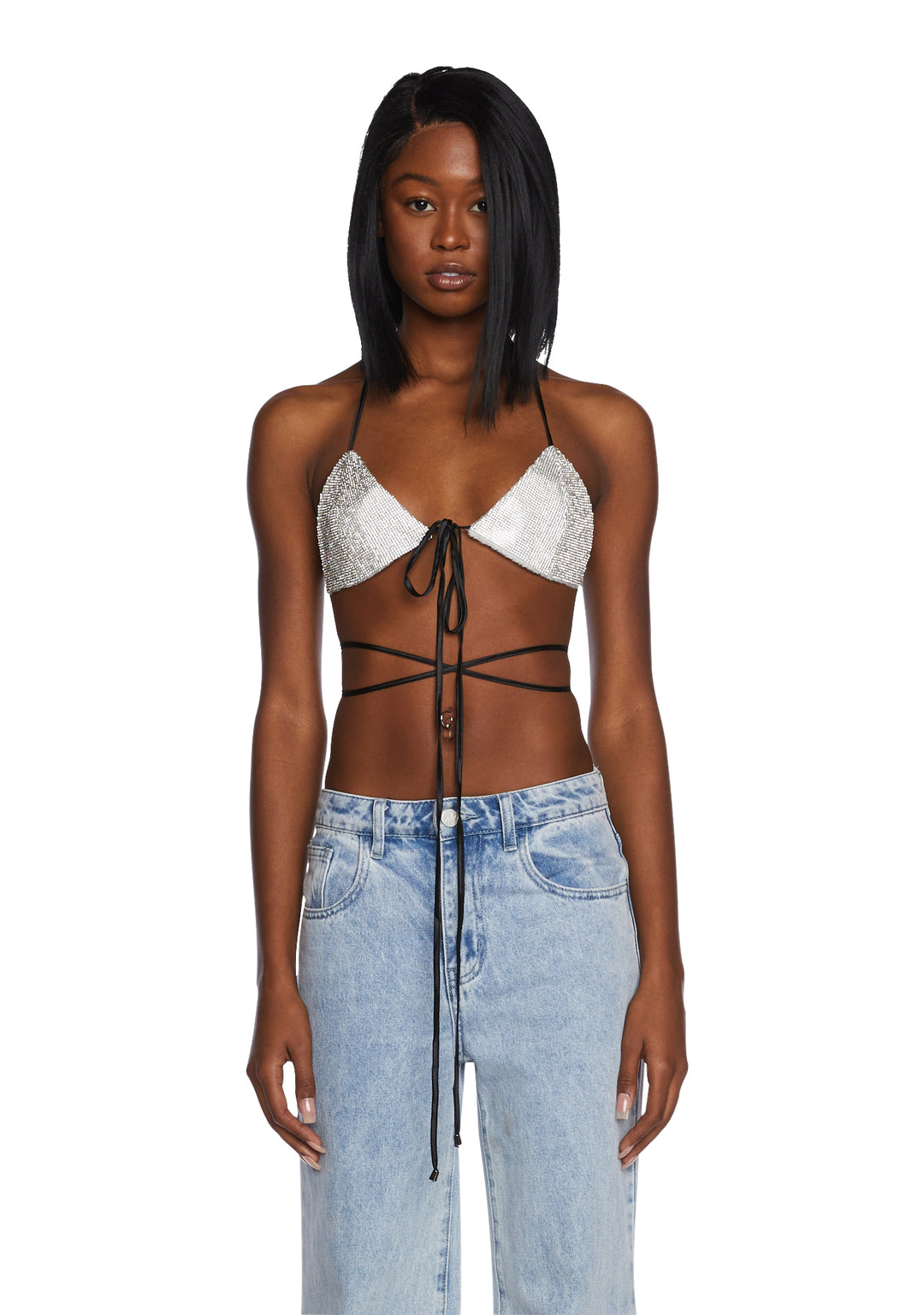 Poster Grl Rhinestone Wrap Bra Bikini Strappy Silver Black