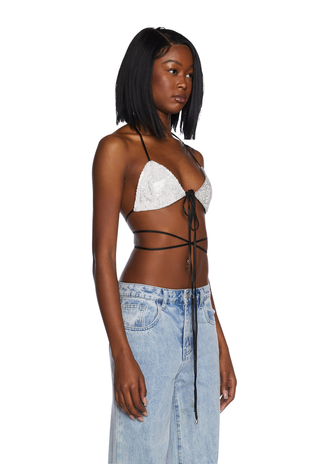 Poster Grl Rhinestone Wrap Bra Bikini Strappy Silver Black - Image 3