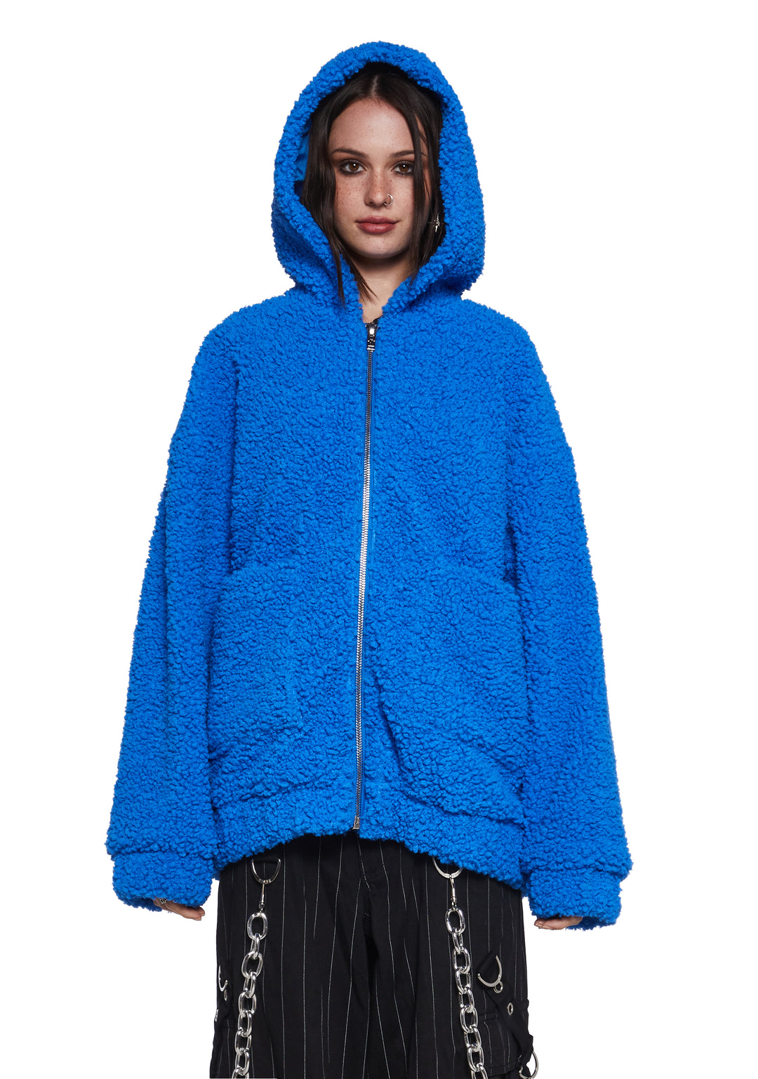 Current Mood Popcorn Teddy Hooded Sherpa Jacket Zip Up Sky Blue - Image 5