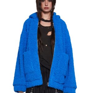 Current Mood Popcorn Teddy Hooded Sherpa Jacket Zip Up Sky Blue