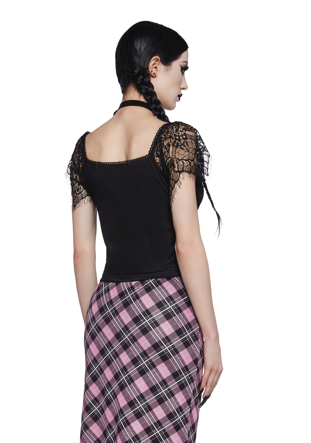 Widow Lace Cap Sleeve Mesh Crop Top - Black - Image 4