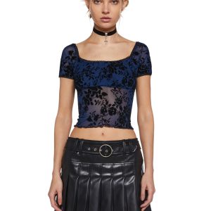 Delia's Velvet Flock Floral Square Neck Crop Top - Navy Blue