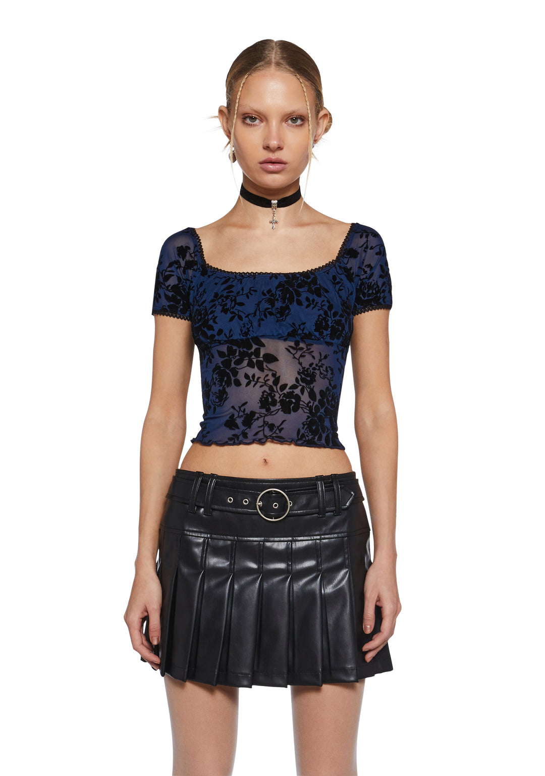Delia's Velvet Flock Floral Square Neck Crop Top - Navy Blue