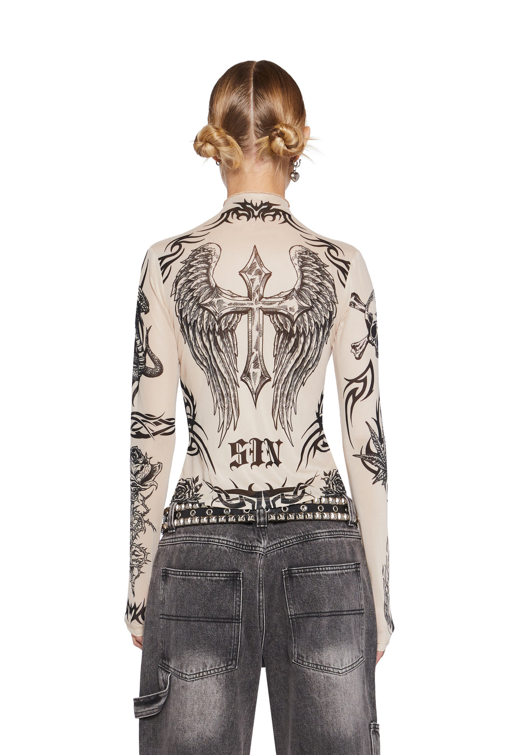Current Mood Tattoo Mesh Top - Tan Brown - Image 5