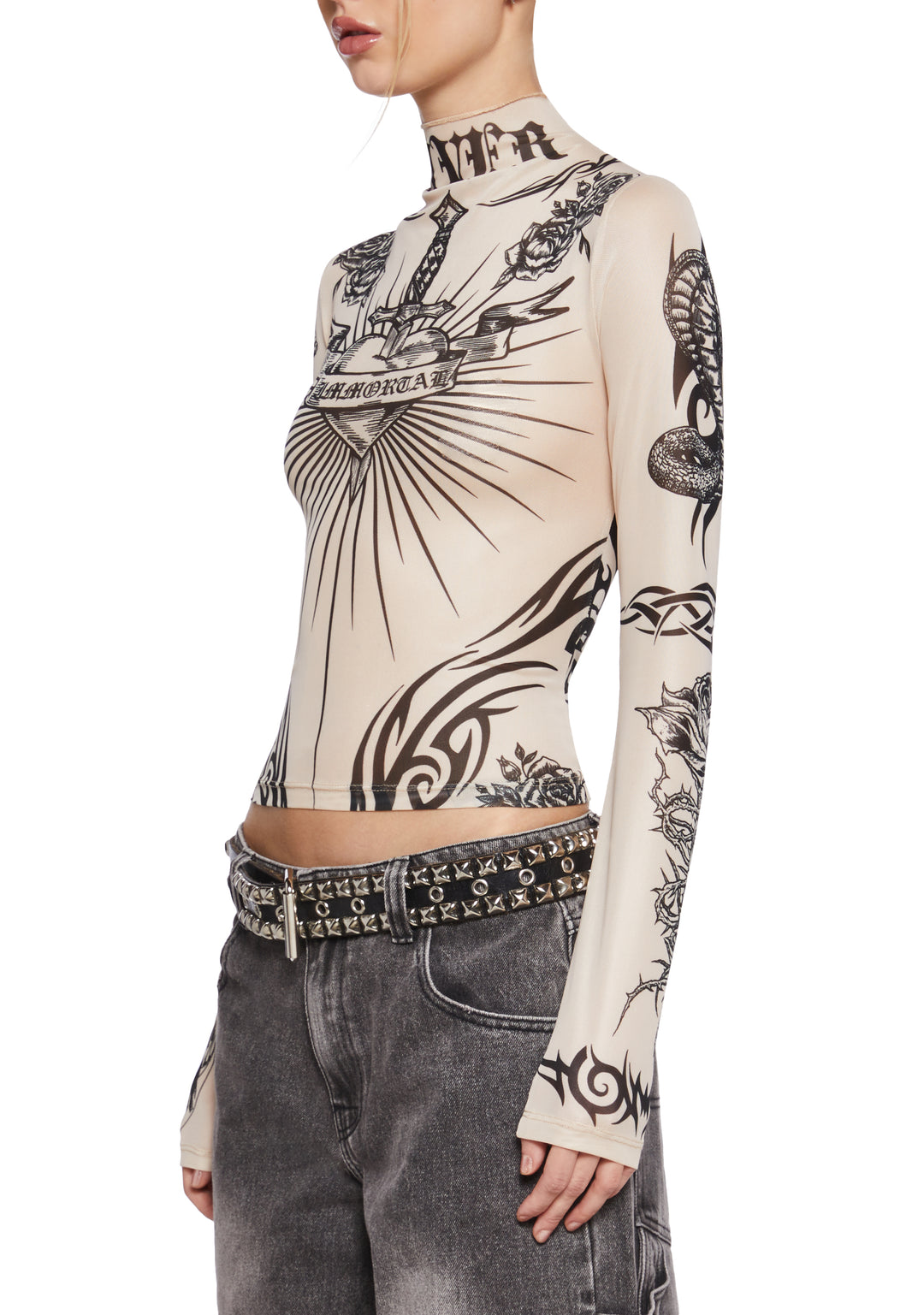 Current Mood Tattoo Mesh Top - Tan Brown - Image 6