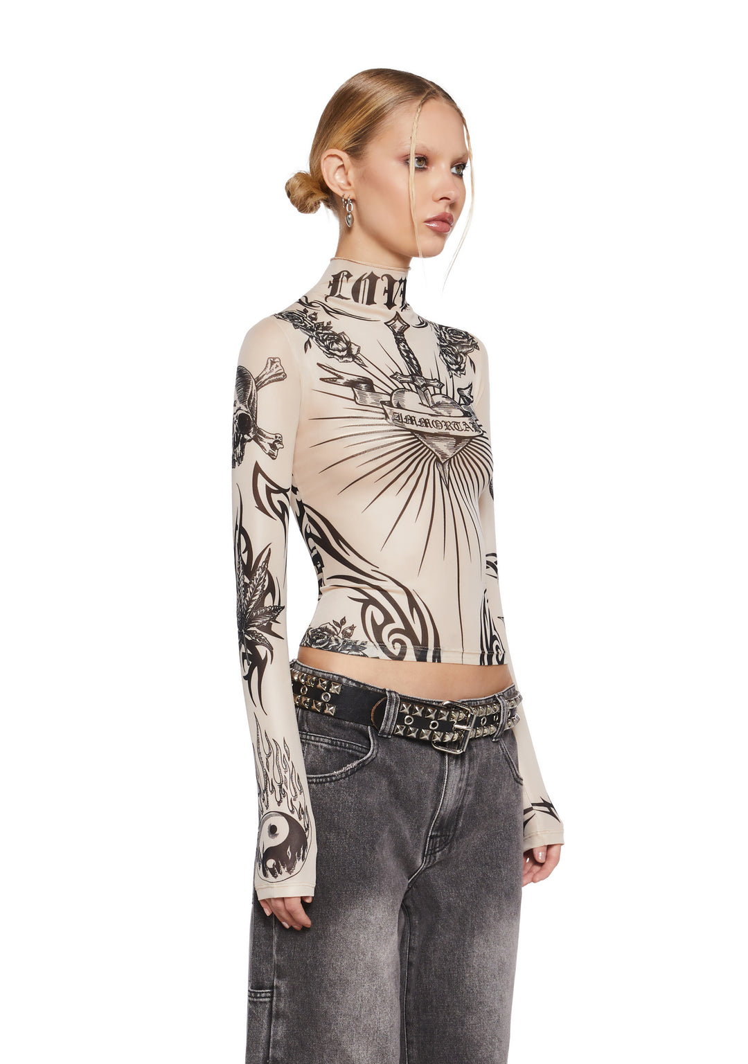 Current Mood Tattoo Mesh Top - Tan Brown - Image 3