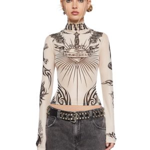 Current Mood Tattoo Mesh Top - Tan Brown