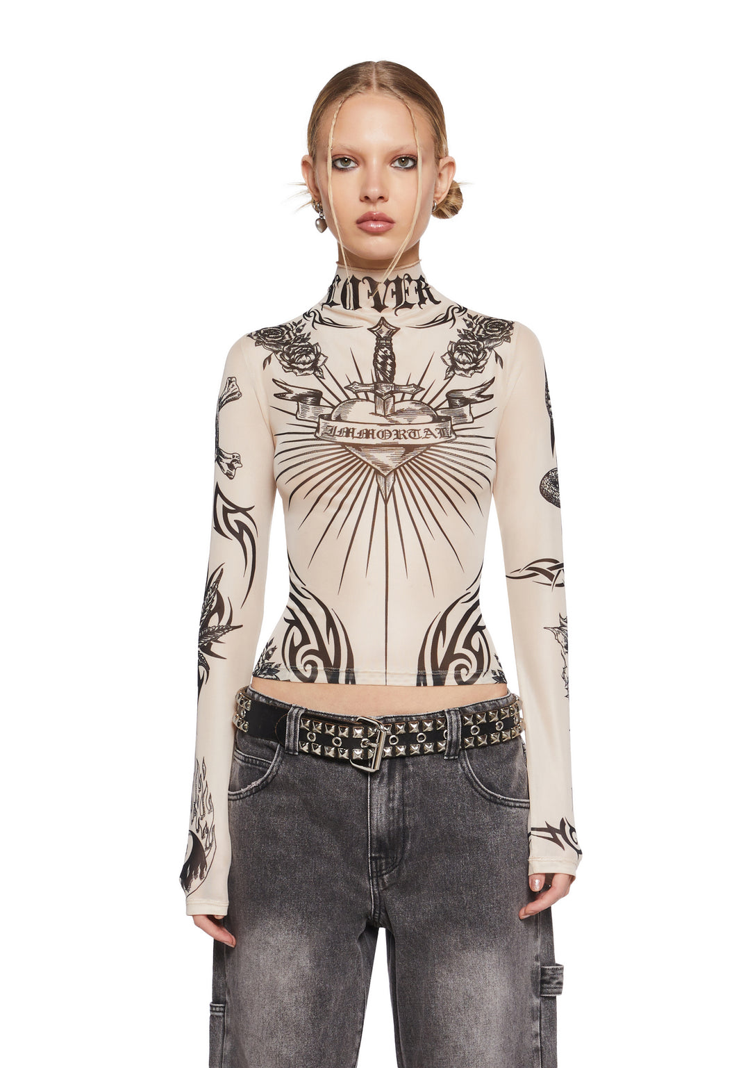 Current Mood Tattoo Mesh Top - Tan Brown