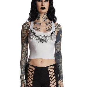 Widow Goth Bat Graphic Tank Crop Top - White