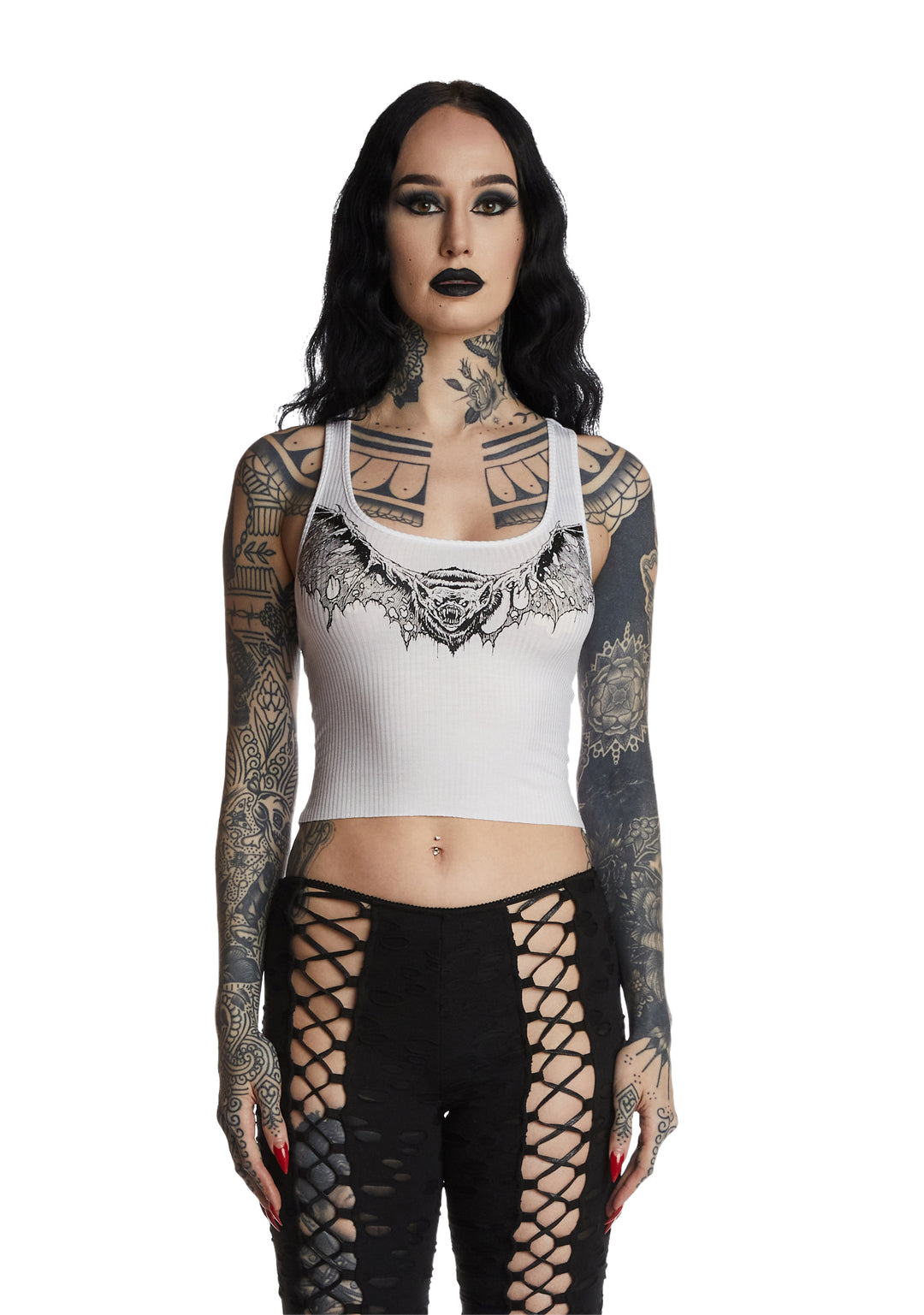 Widow Goth Bat Graphic Tank Crop Top - White