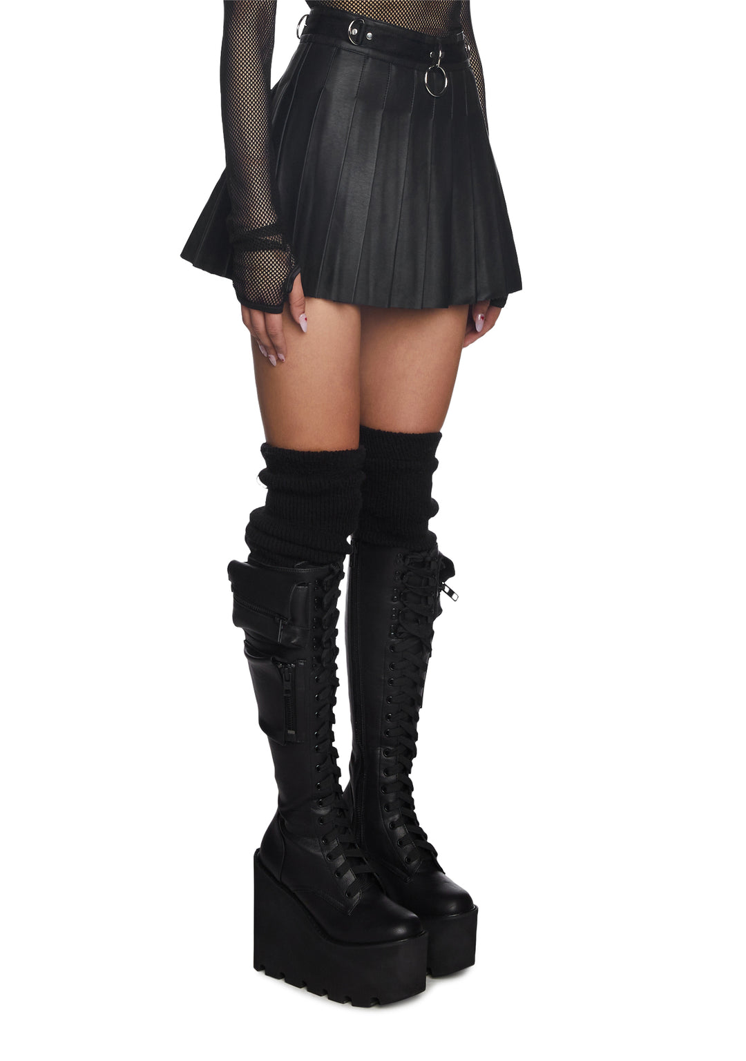 Current Mood Extra Short Pleated Vegan Leather Mini Skirt - Black - Image 4