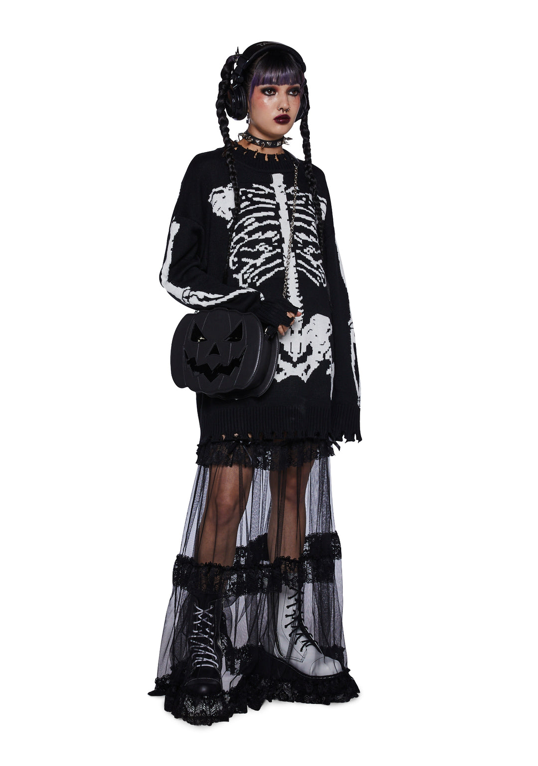 Trickz N Treatz Skeleton Distressed Oversized Sweater - Black/White - Image 2