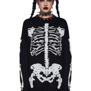 Trickz N Treatz Skeleton Distressed Oversized Sweater - Black/White