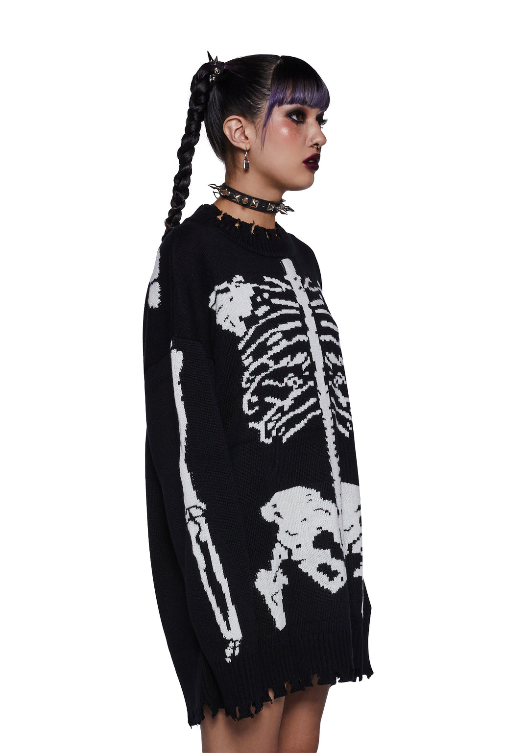 Trickz N Treatz Skeleton Distressed Oversized Sweater - Black/White - Image 3