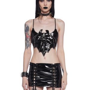 Widow Strappy Sequin Bat Crop Top