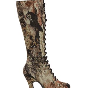 Sugar Thrillz Cat Tapestry Print Knee High Lace Up Boots - Brown