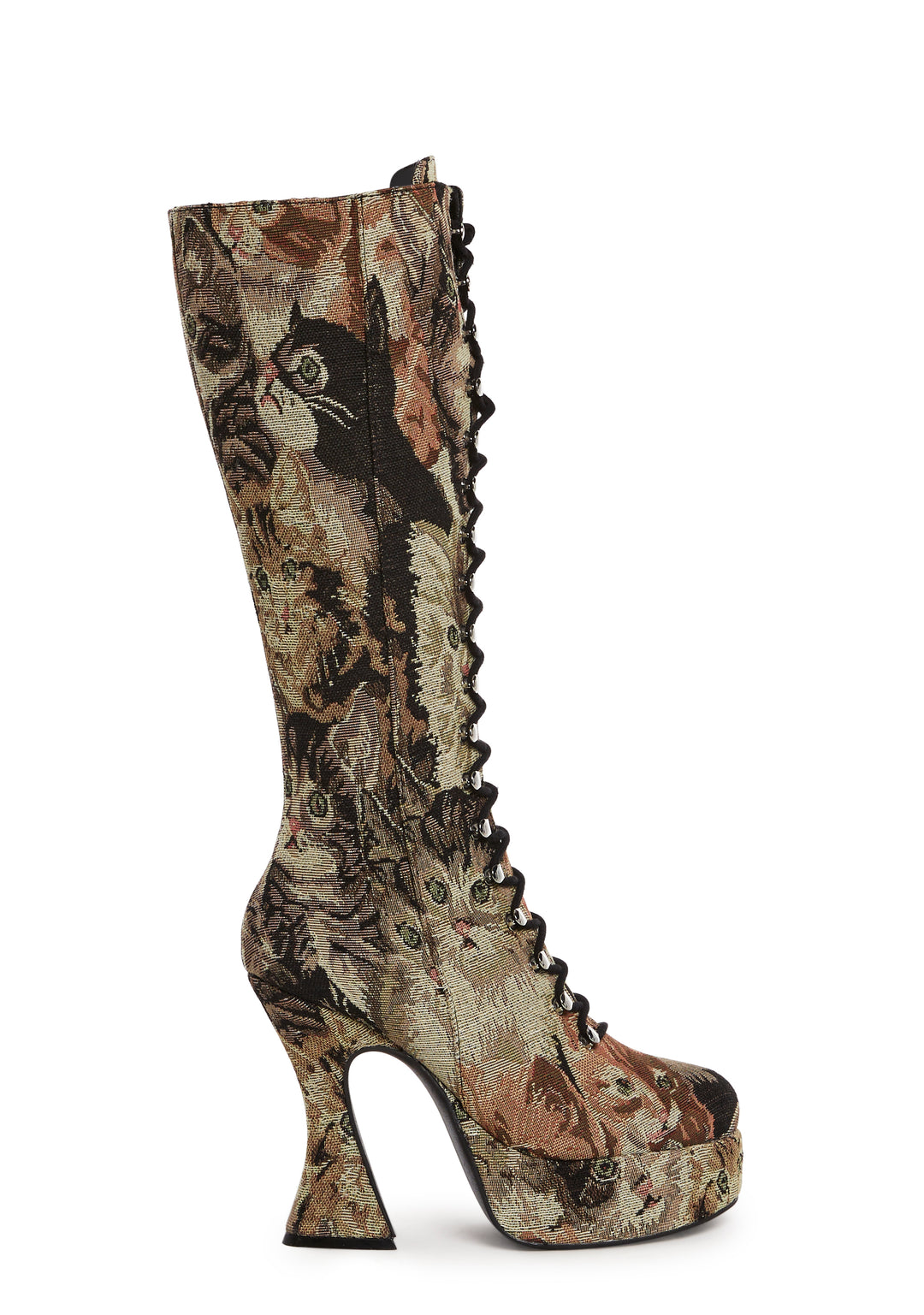 Sugar Thrillz Cat Tapestry Print Knee High Lace Up Boots - Brown