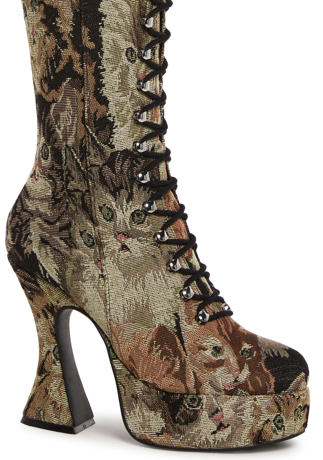 Sugar Thrillz Cat Tapestry Print Knee High Lace Up Boots - Brown - Image 2