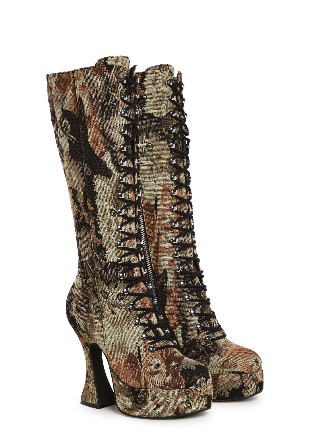 Sugar Thrillz Cat Tapestry Print Knee High Lace Up Boots - Brown - Image 3