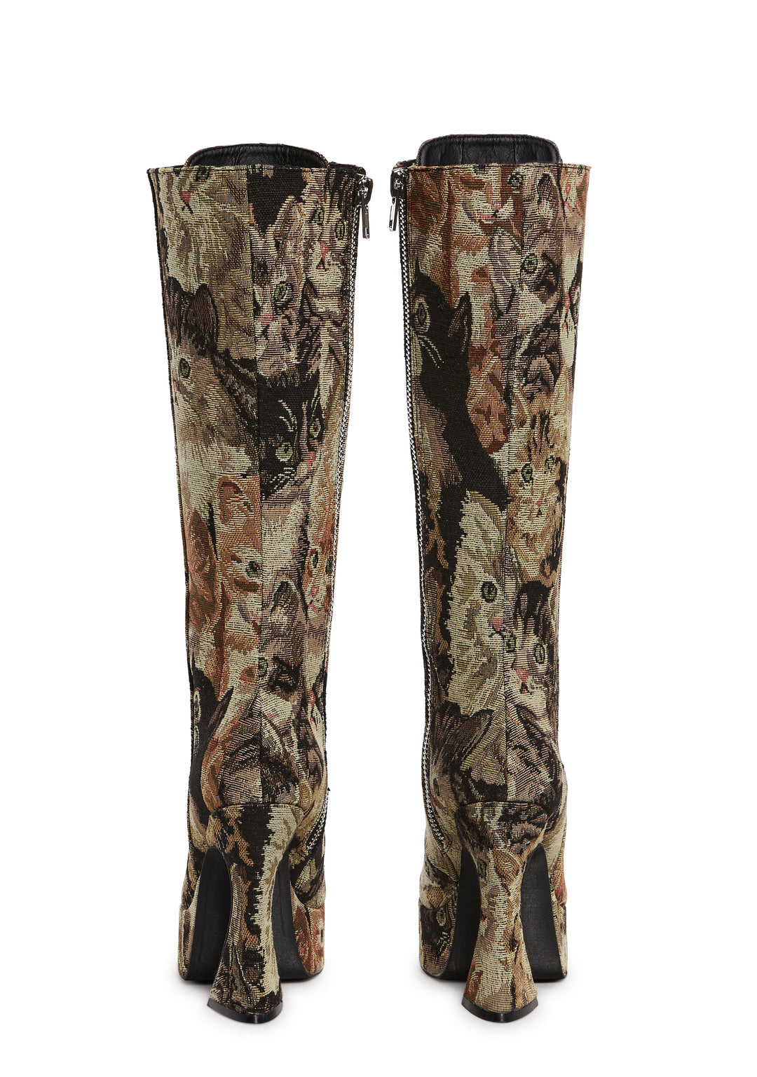 Sugar Thrillz Cat Tapestry Print Knee High Lace Up Boots - Brown - Image 4