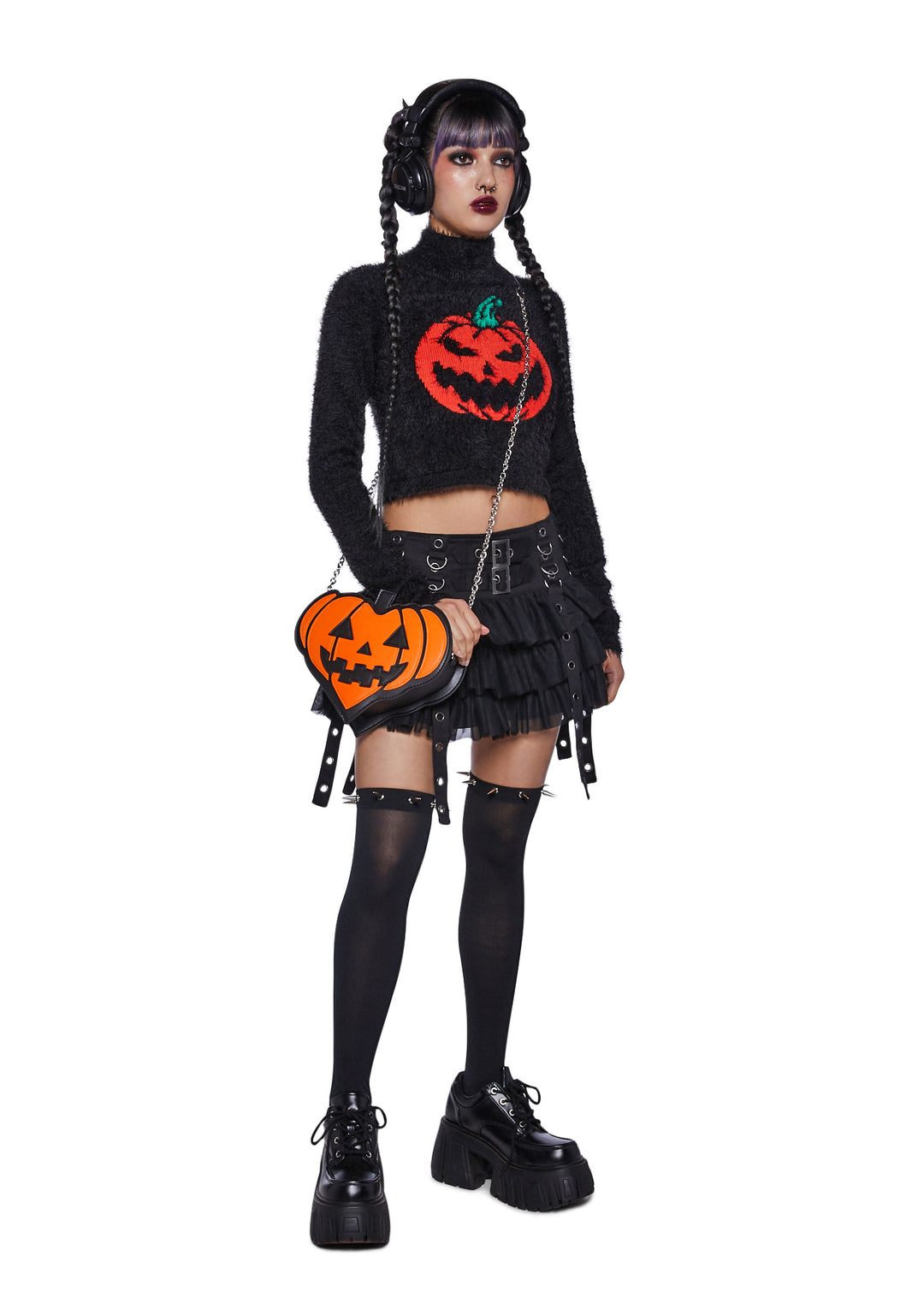 Trickz N Treatz Fuzzy Pumpkin Crop Sweater - Black - Image 2