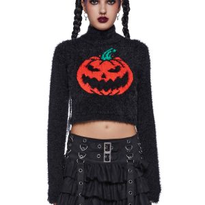 Trickz N Treatz Fuzzy Pumpkin Crop Sweater - Black