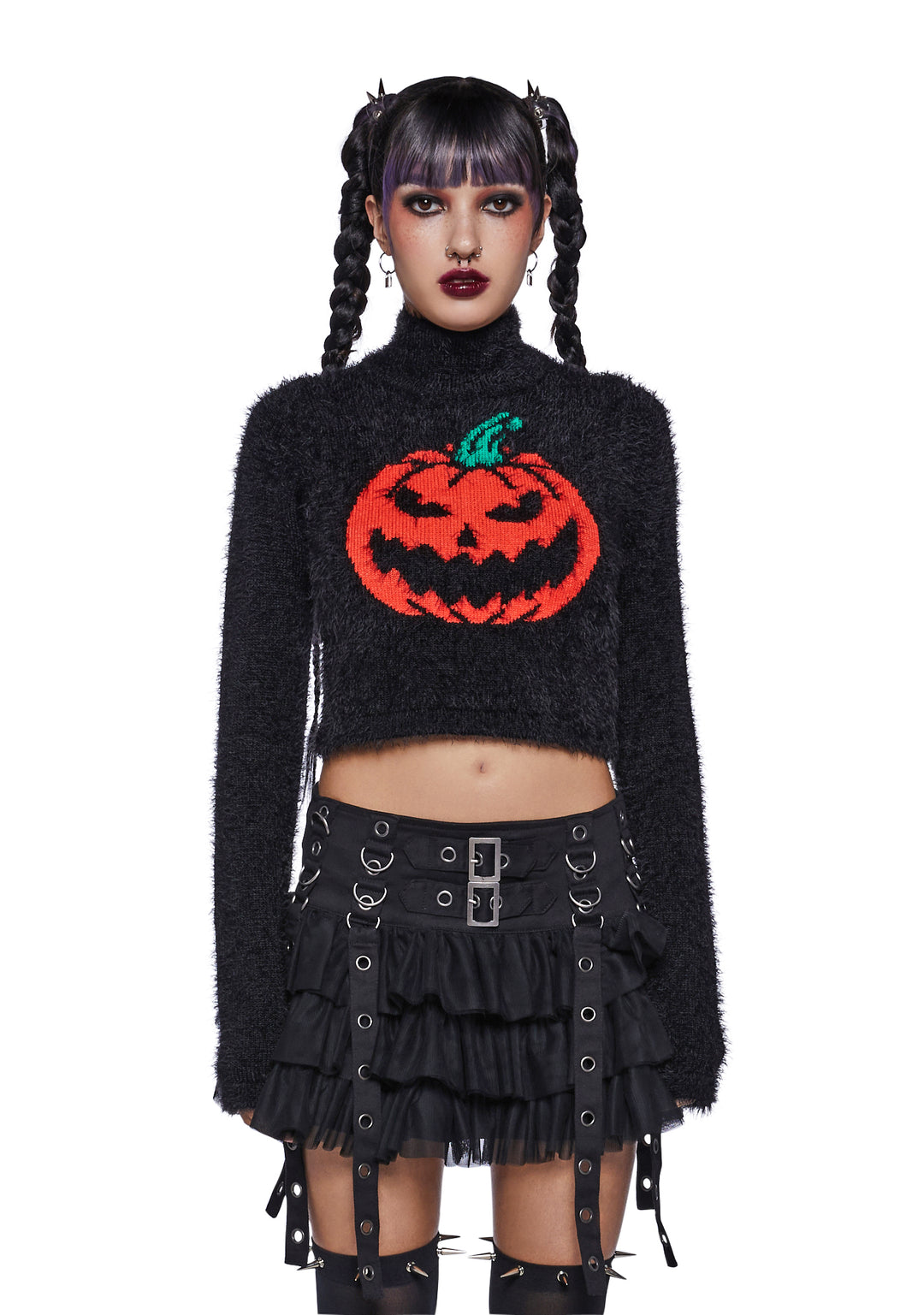 Trickz N Treatz Fuzzy Pumpkin Crop Sweater - Black