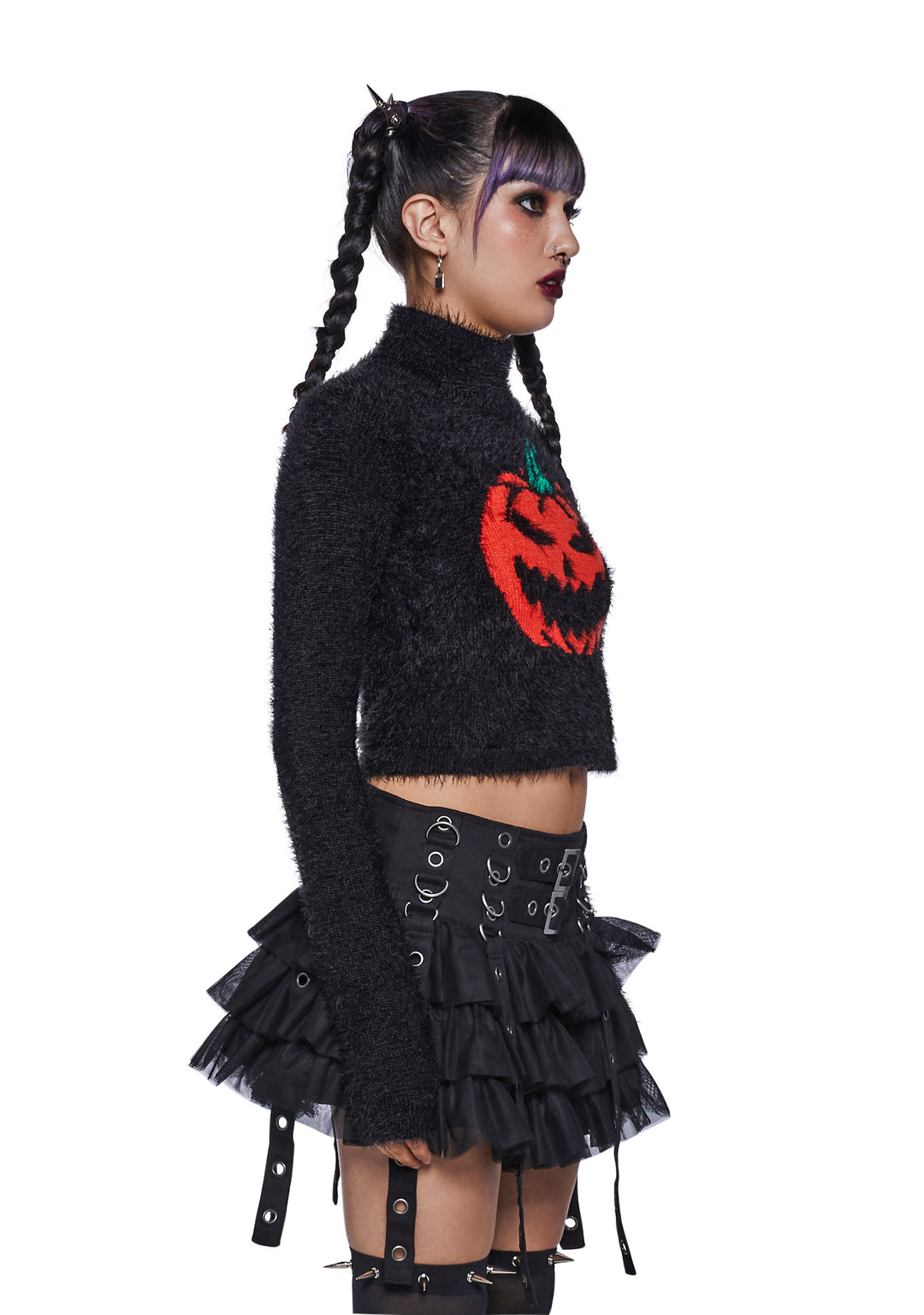 Trickz N Treatz Fuzzy Pumpkin Crop Sweater - Black - Image 4