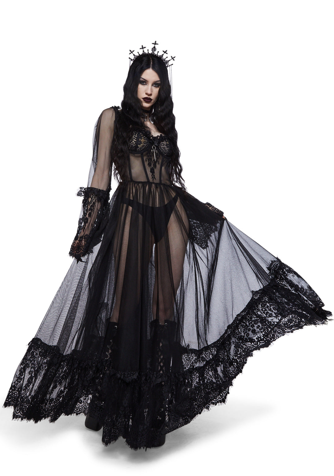 Widow Gothic Lace Bustier Long Sleeve Maxi Gown - Black - Image 6