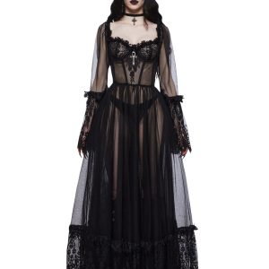 Widow Gothic Lace Bustier Long Sleeve Maxi Gown - Black
