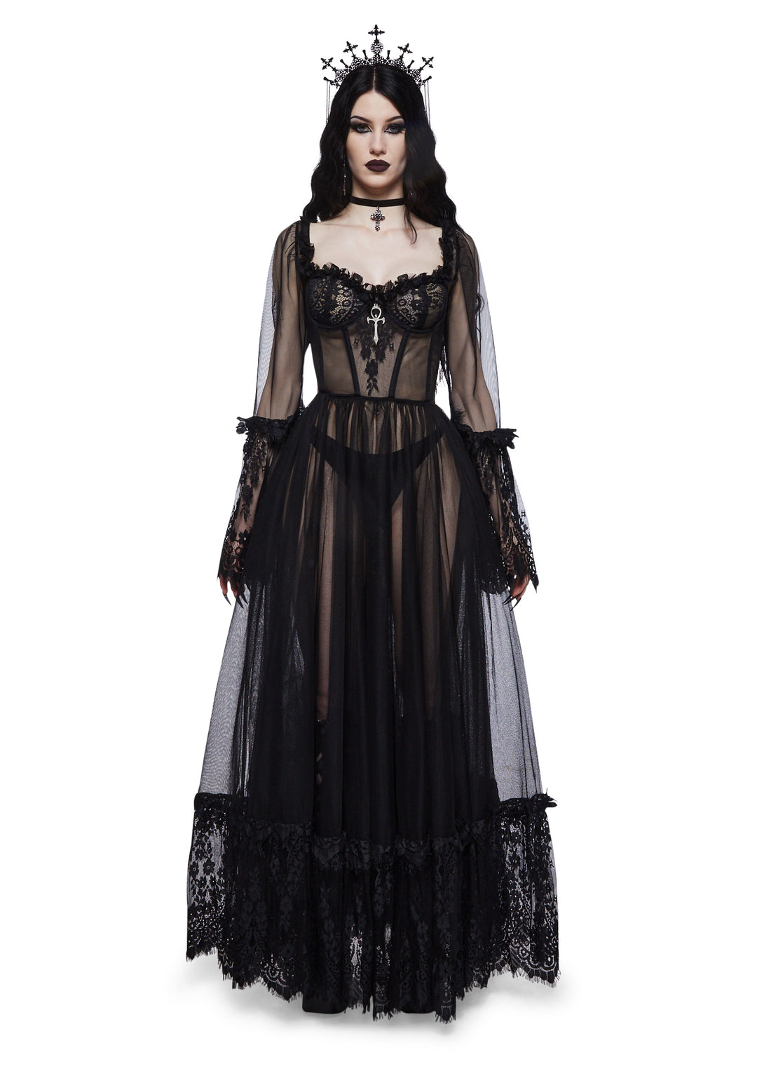 Widow Gothic Lace Bustier Long Sleeve Maxi Gown - Black